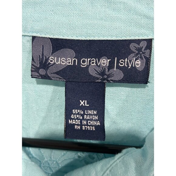 Susan Graver Style Floral Embroidered Button Front Shirt Blue Sz XL Cutout Boho - Picture 5 of 9